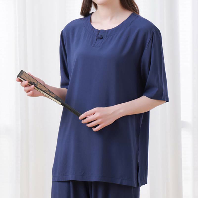 Buddha Stones 2pcs Plain Color Frog-Button Simple Design Crew Neck Design Half Sleeve Shirt Top Elastic Waist Pants Meditation Zen Tai Chi Cotton Clothing Women's Set - image 24