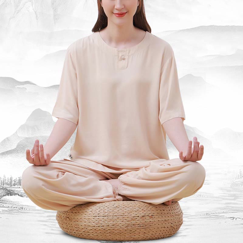 Buddha Stones 2pcs Plain Color Frog-Button Simple Design Crew Neck Design Half Sleeve Shirt Top Elastic Waist Pants Meditation Zen Tai Chi Cotton Clothing Women's Set - image 1