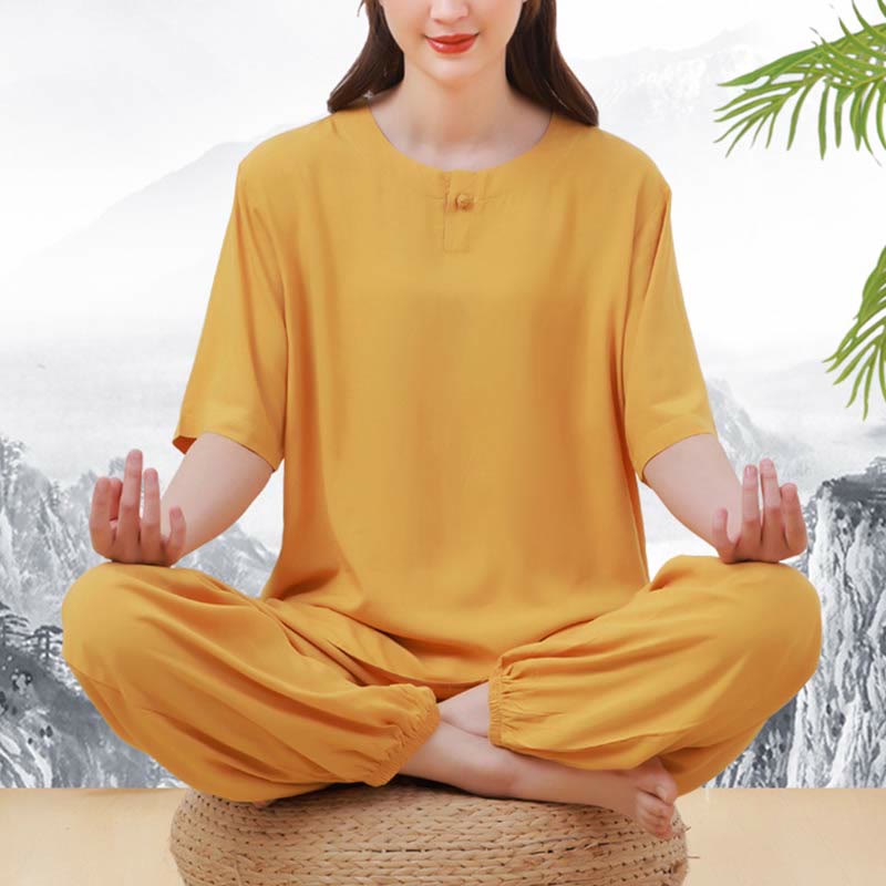 Buddha Stones 2pcs Plain Color Frog-Button Simple Design Crew Neck Design Half Sleeve Shirt Top Elastic Waist Pants Meditation Zen Tai Chi Cotton Clothing Women's Set - image 8