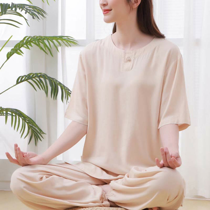 Buddha Stones 2pcs Plain Color Frog-Button Simple Design Crew Neck Design Half Sleeve Shirt Top Elastic Waist Pants Meditation Zen Tai Chi Cotton Clothing Women's Set - AntiqueWhite - US14，UK/AU18，EU46 (4XL) - image 0