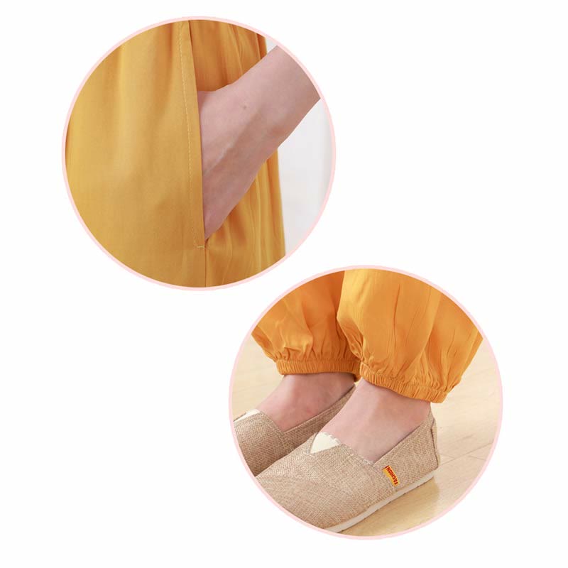 Buddha Stones 2pcs Plain Color Frog-Button Simple Design Crew Neck Design Half Sleeve Shirt Top Elastic Waist Pants Meditation Zen Tai Chi Cotton Clothing Women's Set - image 13