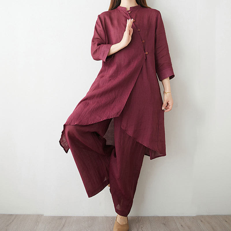 Buddha Stones Casual 2pcs Plain Three Quarter Sleeve Slanted Collar Shirt Top Skirt With Pockets Meditation Zen Tai Chi Clothing Women's Set - image 6