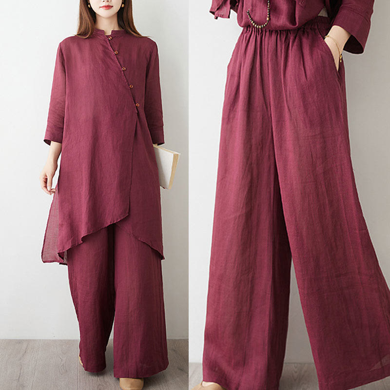 Buddha Stones Casual 2pcs Plain Three Quarter Sleeve Slanted Collar Shirt Top Skirt With Pockets Meditation Zen Tai Chi Clothing Women's Set - image 17