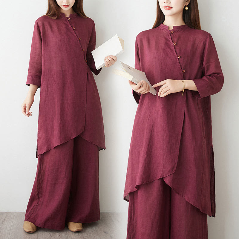 Buddha Stones Casual 2pcs Plain Three Quarter Sleeve Slanted Collar Shirt Top Skirt With Pockets Meditation Zen Tai Chi Clothing Women's Set - image 16