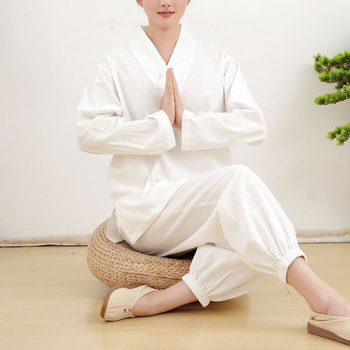 Buddha Stones Casual 2pcs Plain Long Sleeve Crumpling Design Shirt Top Skirt With Pockets Meditation Zen Tai Chi Clothing Women's Set - image 7