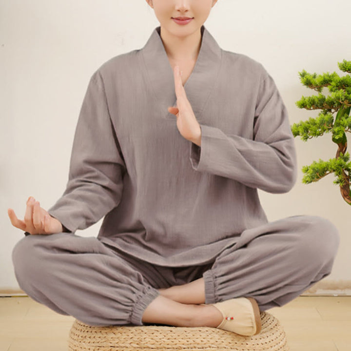 Buddha Stones Casual 2pcs Plain Long Sleeve Crumpling Design Shirt Top Skirt With Pockets Meditation Zen Tai Chi Clothing Women's Set - DarkGray - US14，UK/AU18，EU46 (2XL) - image 3