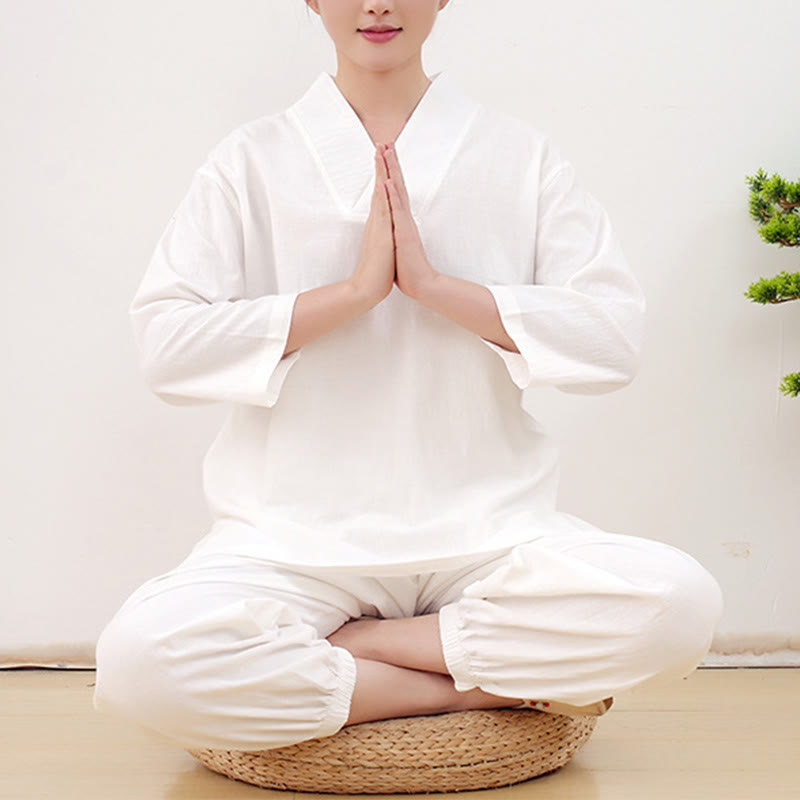 Buddha Stones Casual 2pcs Plain Long Sleeve Crumpling Design Shirt Top Skirt With Pockets Meditation Zen Tai Chi Clothing Women's Set - White - US14，UK/AU18，EU46 (2XL) - image 6