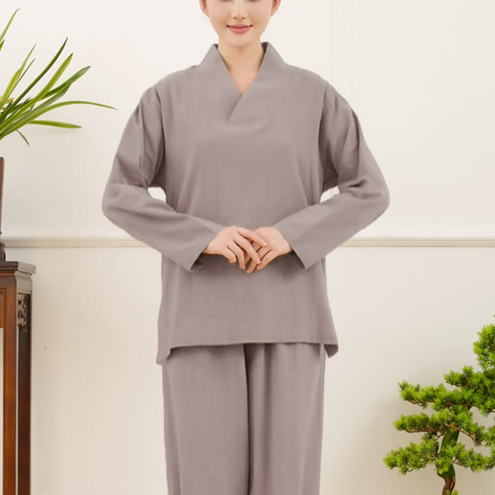 Buddha Stones Casual 2pcs Plain Long Sleeve Crumpling Design Shirt Top Skirt With Pockets Meditation Zen Tai Chi Clothing Women's Set - image 4