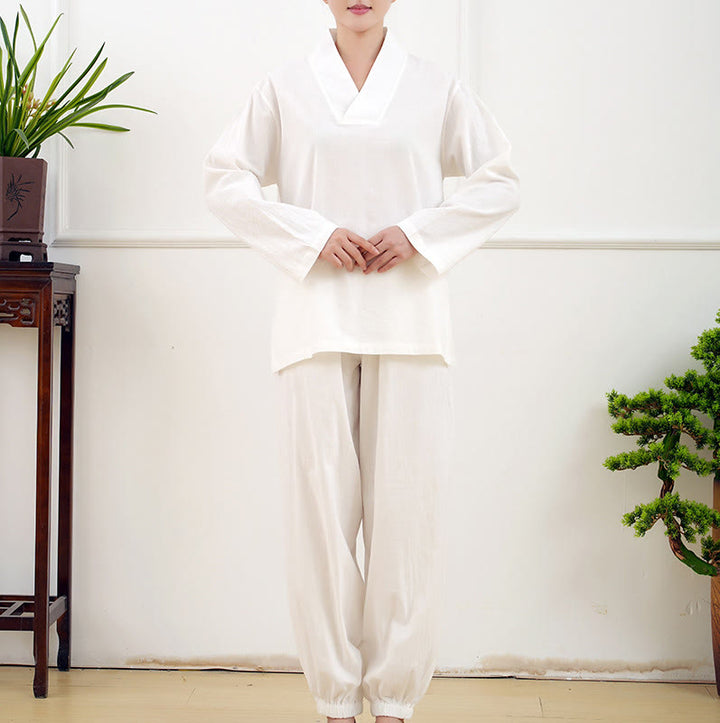 Buddha Stones Casual 2pcs Plain Long Sleeve Crumpling Design Shirt Top Skirt With Pockets Meditation Zen Tai Chi Clothing Women's Set - image 11