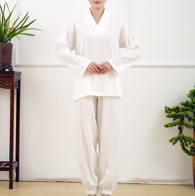 Buddha Stones Casual 2pcs Plain Long Sleeve Crumpling Design Shirt Top Skirt With Pockets Meditation Zen Tai Chi Clothing Women's Set - image 11