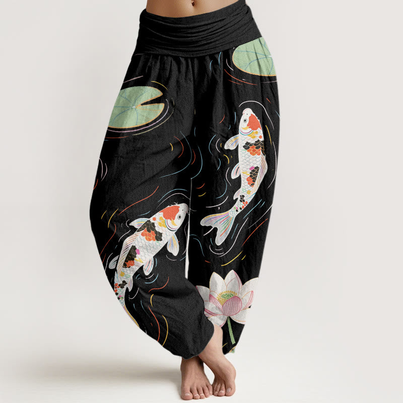 Buddha Stones Lotus Flower Lotus Leaves Koi Fish Water Ripples Pattern Women's Elastic Waist Harem Pants - Black - US22，UK/AU26，EU54 (6XL) - image 0