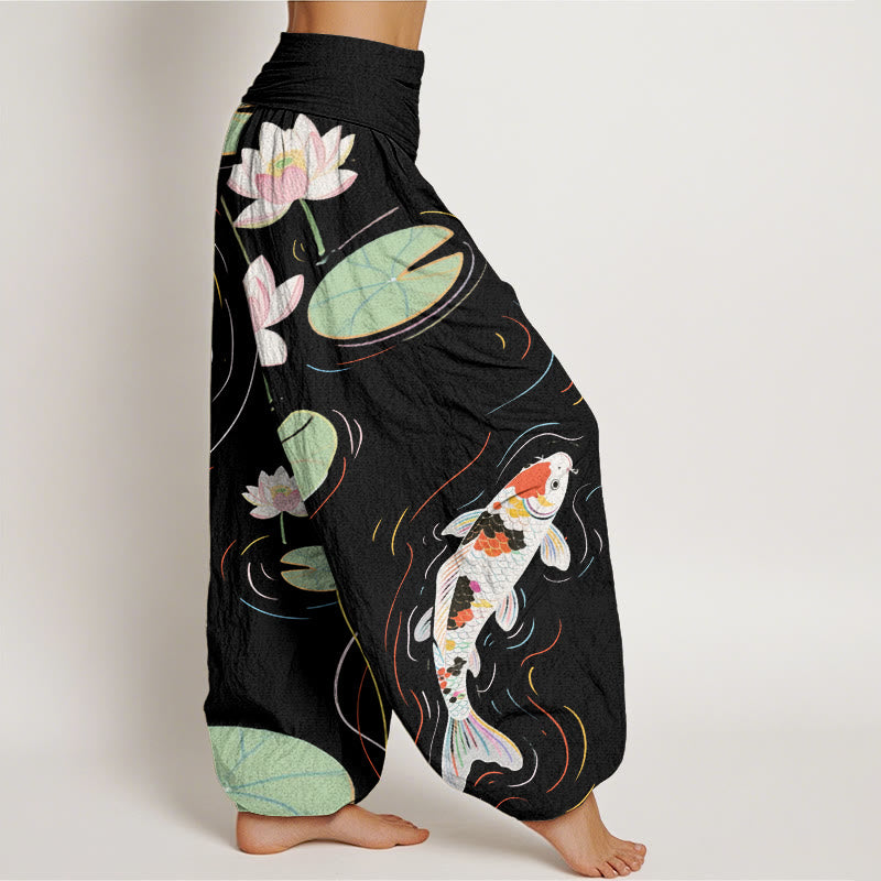 Buddha Stones Lotus Flower Lotus Leaves Koi Fish Water Ripples Pattern Women's Elastic Waist Harem Pants - image 2