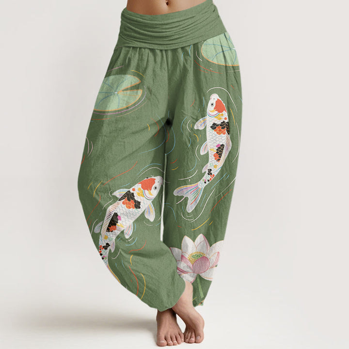 Buddha Stones Cotton Lotus Flower Lotus Leaves Koi Fish Water Ripples Pattern Women's Elastic Waist Harem Pants - MediumSeaGreen - US22，UK/AU26，EU54 (6XL) - image 4
