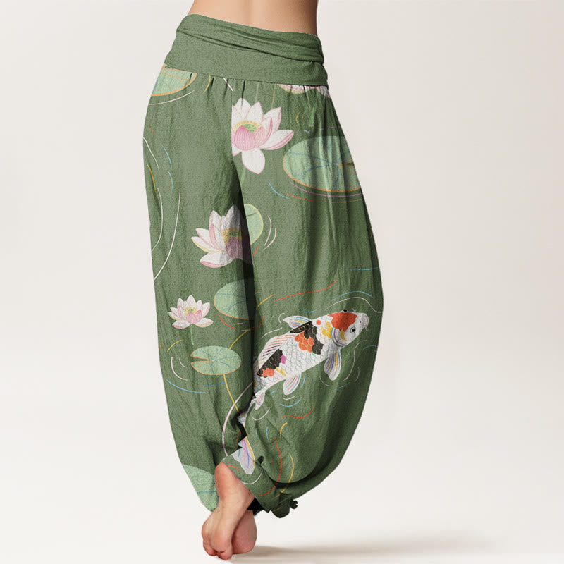 Buddha Stones Lotus Flower Lotus Leaves Koi Fish Water Ripples Pattern Women's Elastic Waist Harem Pants - image 5