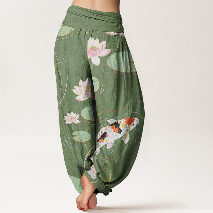 Buddha Stones Lotus Flower Lotus Leaves Koi Fish Water Ripples Pattern Women's Elastic Waist Harem Pants - image 5