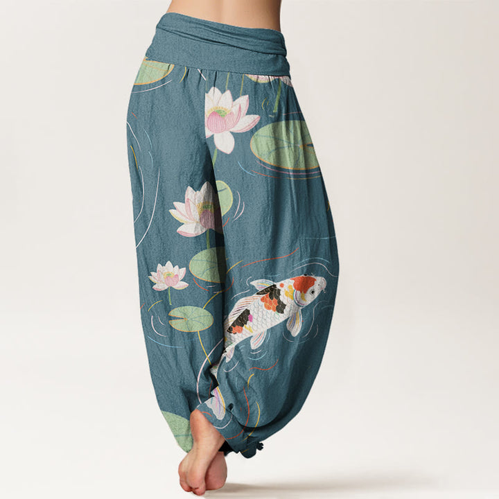Buddha Stones Lotus Flower Lotus Leaves Koi Fish Water Ripples Pattern Women's Elastic Waist Harem Pants - image 8