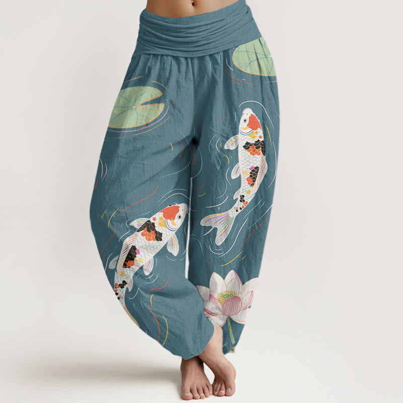 Buddha Stones Lotus Flower Lotus Leaves Koi Fish Water Ripples Pattern Women's Elastic Waist Harem Pants - LightSeaGreen - US22，UK/AU26，EU54 (6XL) - image 7