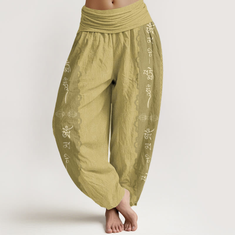 Buddha Stones Cotton Om Mani Padme Hum Pattern Women's Elastic Waist Harem Pants - Khaki - US22，UK/AU26，EU54 (6XL) - image 7