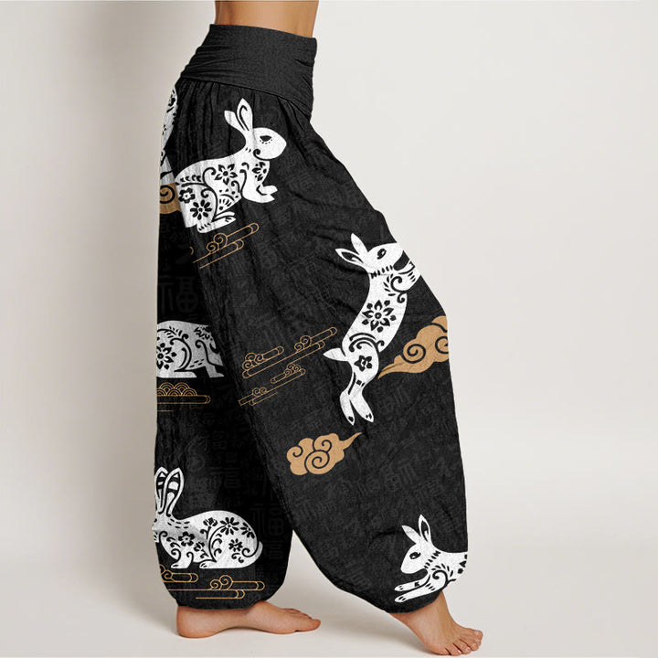 Buddha Stones Cotton White Rabbit Auspicious Cloud Pattern Women's Elastic Waist Harem Pants - image 2