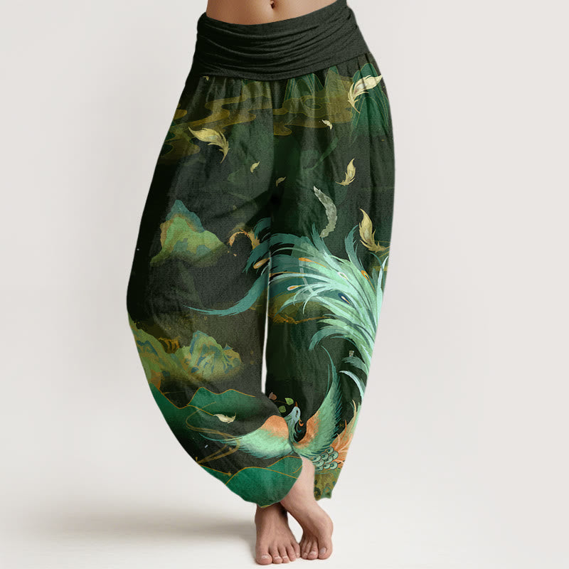 Buddha Stones Cotton Phoenix Mountain Cloud Pattern Women's Elastic Waist Harem Pants - OliveDrab - US22，UK/AU26，EU54 (6XL) - image 4