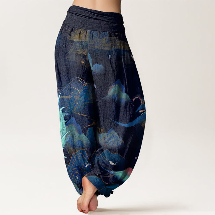 Buddha Stones Phoenix Mountain Cloud Pattern Women's Elastic Waist Harem Pants - image 8