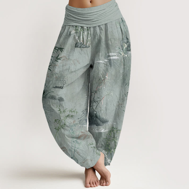 Buddha Stones Pure Cotton Casual Bamboo Rock Ink Painting Women's Elastic Waist Harem Pants - DarkSeaGreen - US22，UK/AU26，EU54 (6XL) - image 9