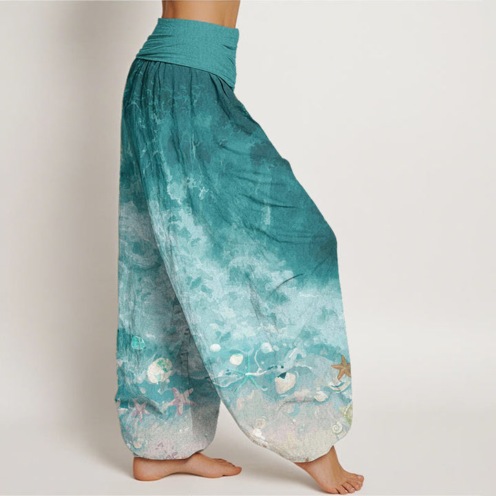 Buddha Stones Pure Cotton Vast Ocean Pattern Women's Elastic Waist Harem Pants - image 2