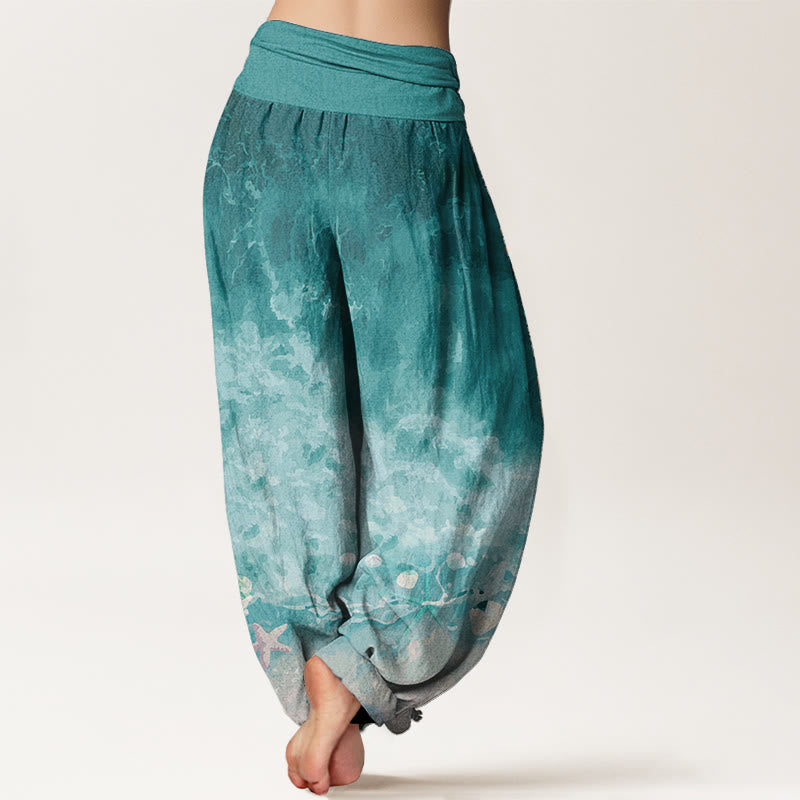 Buddha Stones Pure Cotton Vast Ocean Pattern Women's Elastic Waist Harem Pants - image 1
