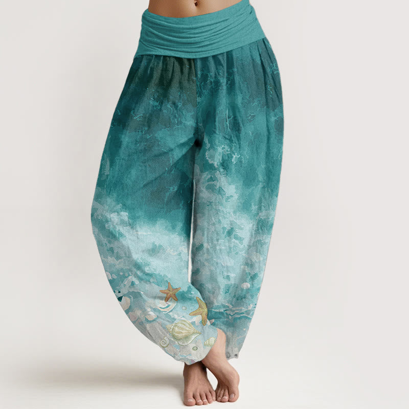 Buddha Stones Pure Cotton Vast Ocean Pattern Women's Elastic Waist Harem Pants - LightSeaGreen - US22，UK/AU26，EU54 (6XL) - image 0