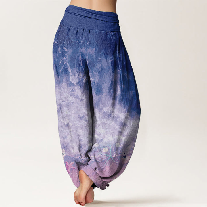 Buddha Stones Pure Cotton Vast Ocean Pattern Women's Elastic Waist Harem Pants - image 10