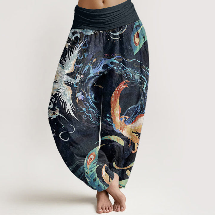 Buddha Stones Pure Cotton Phoenix Flower Pattern Women's Elastic Waist Harem Pants
