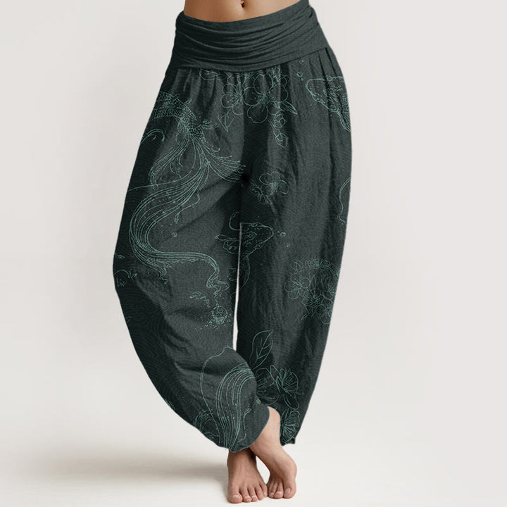Buddha Stones Pure Cotton Koi Fish Floral Pattern Women's Elastic Waist Harem Pants - DarkCyan - US22，UK/AU26，EU54 (6XL) - image 8