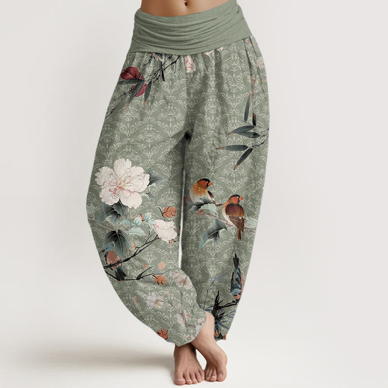 Buddha Stones Pure Cotton Warbler Bird Blooming Flower Branches Mandala Pattern Women's Elastic Waist Harem Pants - LightGreen - US22，UK/AU26，EU54 (6XL) - image 0