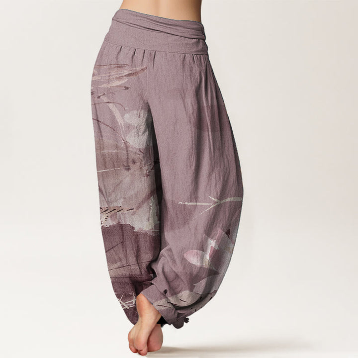 Buddha Stones Pure Cotton Pink Lotus Leaves Bird Pattern Women's Elastic Waist Harem Pants - image 9