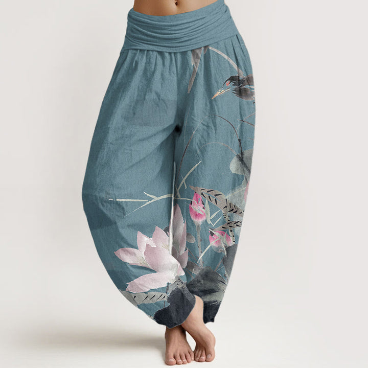 Buddha Stones Pure Cotton Pink Lotus Leaves Bird Pattern Women's Elastic Waist Harem Pants - DarkTurquoise - US22，UK/AU26，EU54 (6XL) - image 5