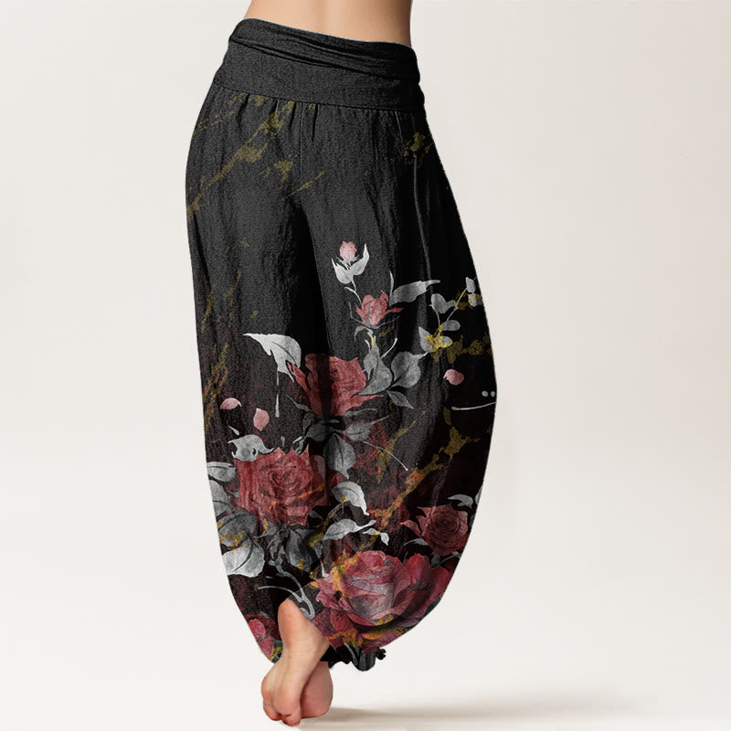 Buddha Stones Pure Cotton Blooming Roses Pattern Women's Elastic Waist Harem Pants - image 1