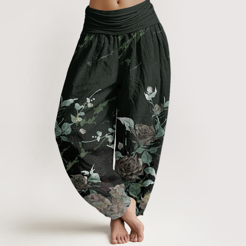 Buddha Stones Pure Cotton Blooming Roses Pattern Women's Elastic Waist Harem Pants - DarkGreen - US22，UK/AU26，EU54 (6XL) - image 8