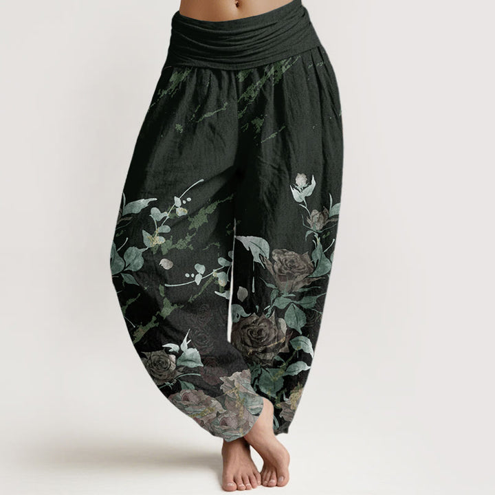 Buddha Stones Pure Cotton Blooming Roses Pattern Women's Elastic Waist Harem Pants - DarkGreen - US22，UK/AU26，EU54 (6XL) - image 8