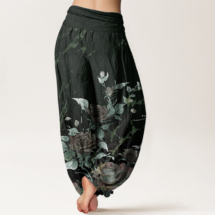 Buddha Stones Pure Cotton Blooming Roses Pattern Women's Elastic Waist Harem Pants - image 9