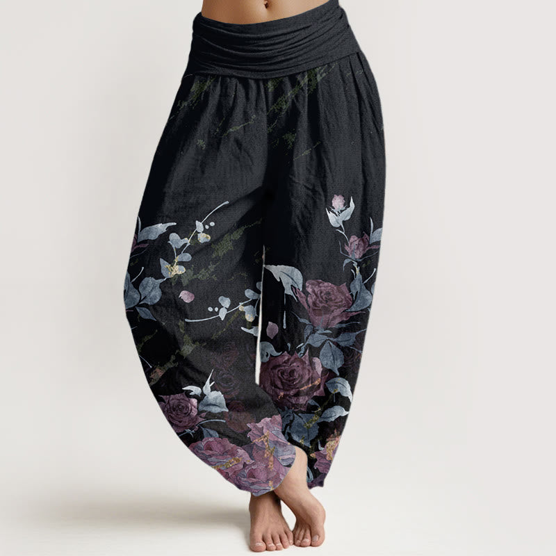 Buddha Stones Pure Cotton Blooming Roses Pattern Women's Elastic Waist Harem Pants - DarkSlateGray - US22，UK/AU26，EU54 (6XL) - image 5