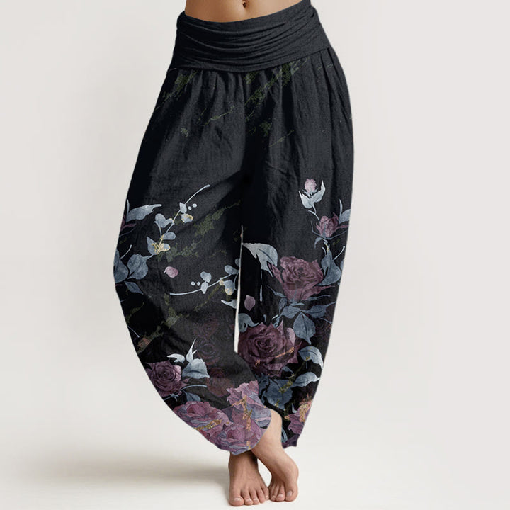 Buddha Stones Pure Cotton Blooming Roses Pattern Women's Elastic Waist Harem Pants - DarkSlateGray - US22，UK/AU26，EU54 (6XL) - image 5