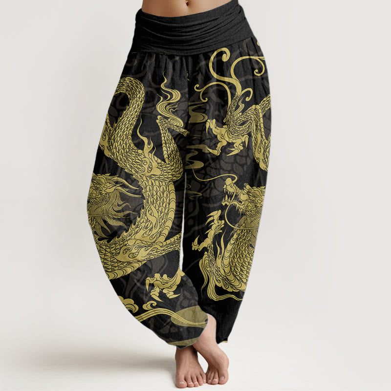 Buddha Stones Pure Cotton Dragon Auspicious Clouds Women's Elastic Waist Harem Pants - Black - US22，UK/AU26，EU54 (6XL) - image 0