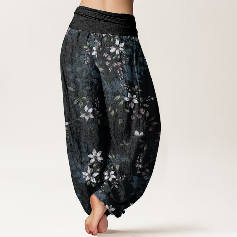 Buddha Stones Pure Cotton Small White Blossoms Green Leaves Women's Elastic Waist Harem Pants - image 1