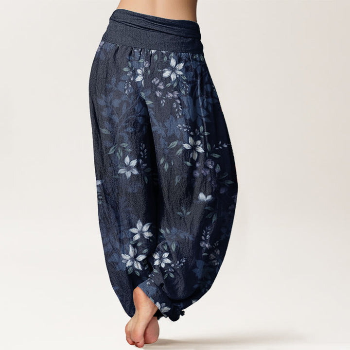 Buddha Stones Pure Cotton Small White Blossoms Green Leaves Women's Elastic Waist Harem Pants - image 6