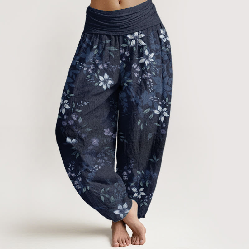 Buddha Stones Pure Cotton Small White Blossoms Green Leaves Women's Elastic Waist Harem Pants - MidnightBlue - US22，UK/AU26，EU54 (6XL) - image 5