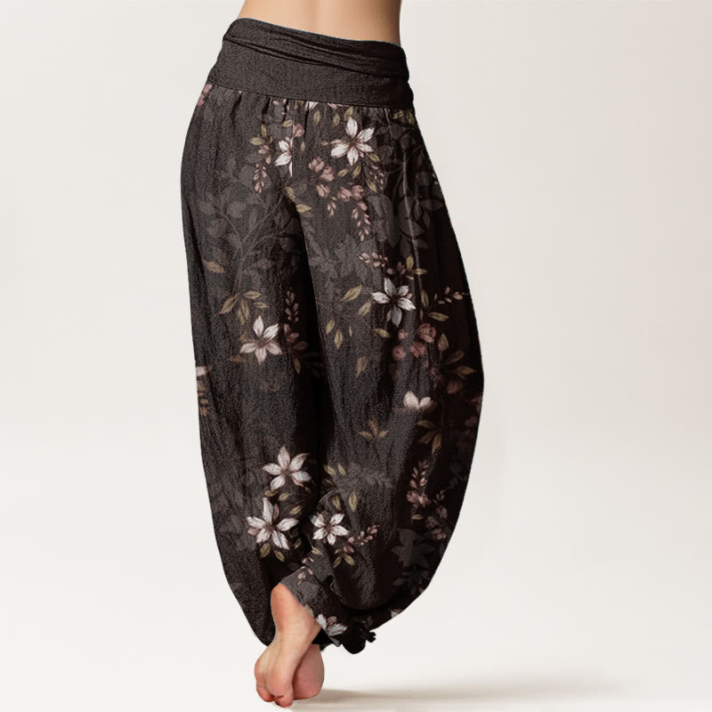 Buddha Stones Pure Cotton Small White Blossoms Green Leaves Women's Elastic Waist Harem Pants - image 9