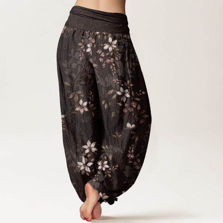Buddha Stones Pure Cotton Small White Blossoms Green Leaves Women's Elastic Waist Harem Pants - image 9