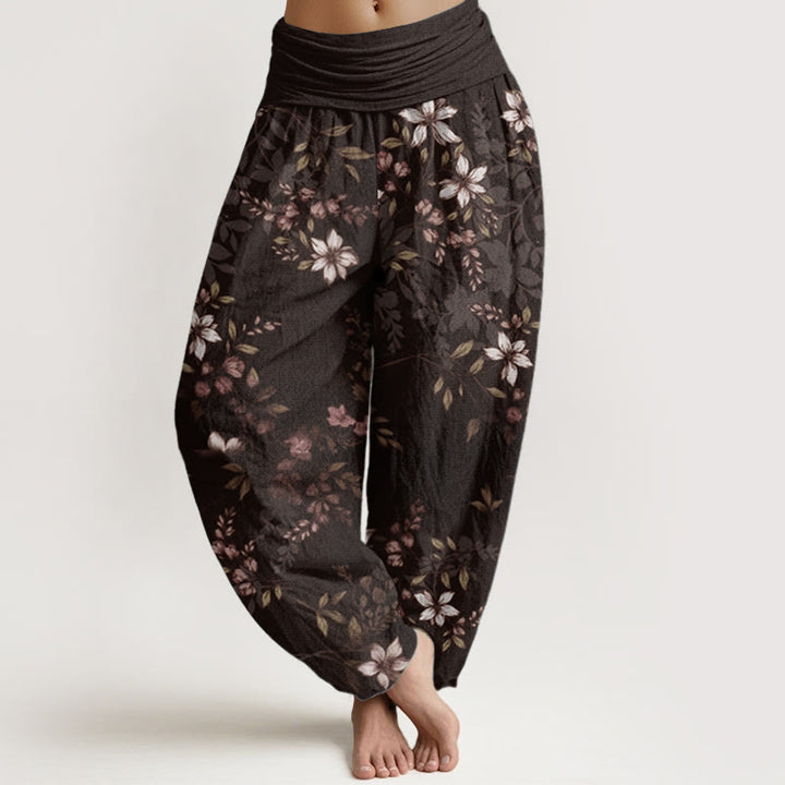 Buddha Stones Pure Cotton Small White Blossoms Green Leaves Women's Elastic Waist Harem Pants - SaddleBrown - US22，UK/AU26，EU54 (6XL) - image 8
