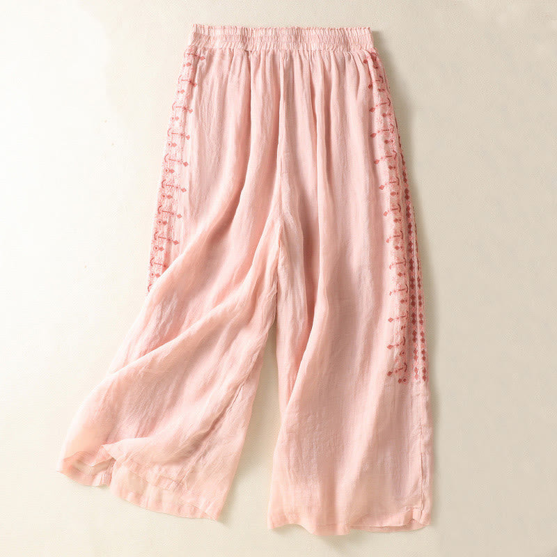 Buddha Stones Ethnic Embroidery Drawstring Cotton Linen Women's High Waist Wide Leg Pants With Pockets - LightPink - US8-10，UK/AU12-14，EU40-42 (2XL) - image 6
