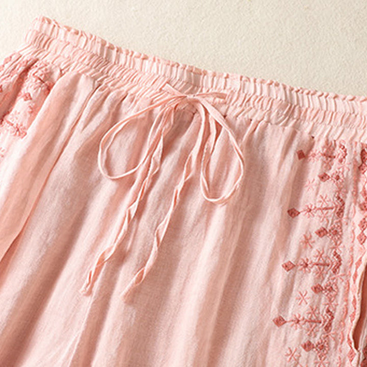 Buddha Stones Ethnic Embroidery Drawstring Cotton Linen Women's High Waist Wide Leg Pants With Pockets - image 9